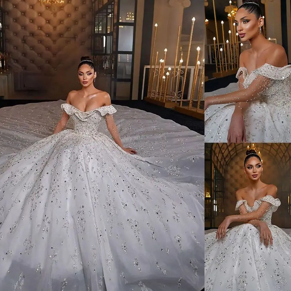 Luxurious Arabic Crystals Wedding Dresses Ball Gown Off The Shoulder Lace Sequins Beads Bridal Dress Custom Made