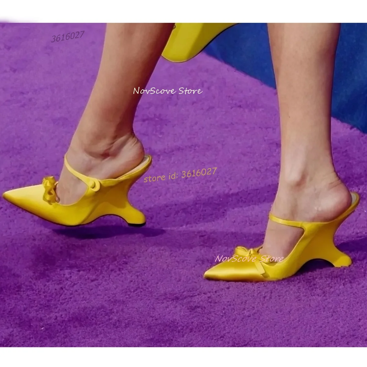 

Satin Bow Wedges Mules Pointy Toe Slip On Wedges Sandals Shallow Slippers Sexy Women Summer Party Dress Single Shoes Rubber Sole