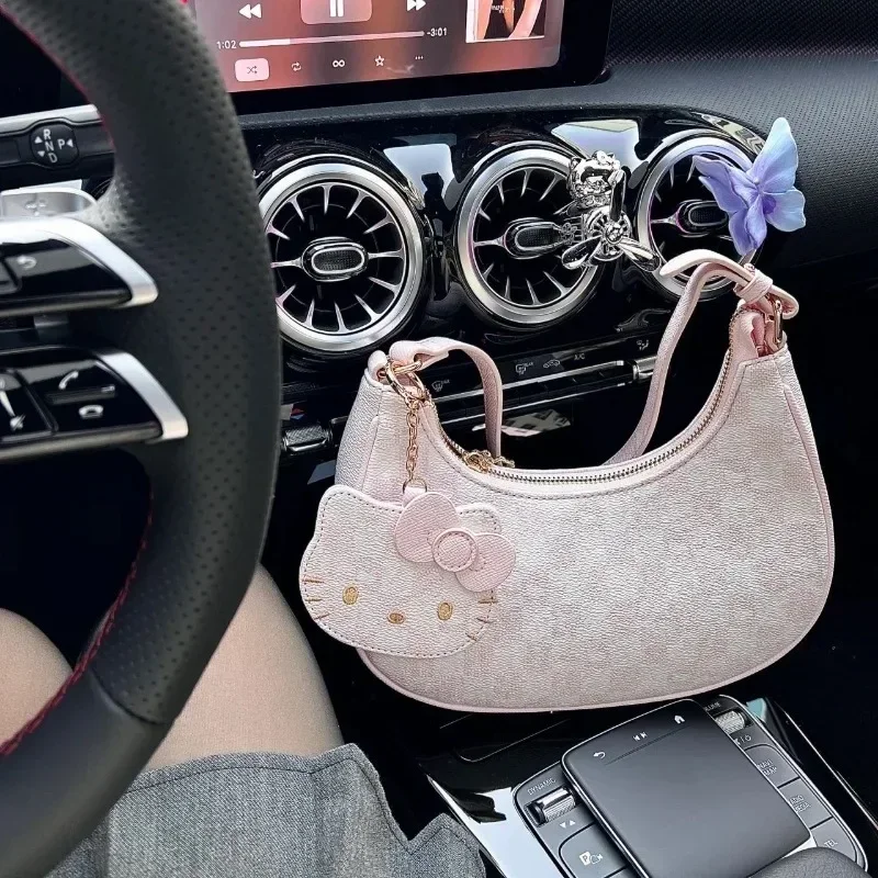  PU Leather Handbags Hello Kitty Purses Luxury Designer Tote Mini Size Underarm Bag Kawaii with Pendant and Zipper