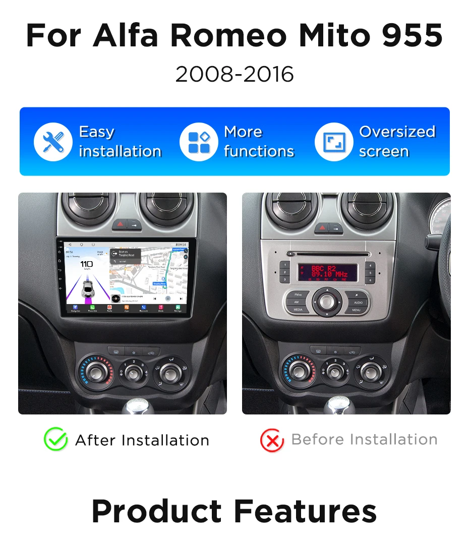 Junsun 360° ° Panoramakamera 8-Kern-Autoradio für Alfa Romeo Mito 2008–2016, kabelloser CarPlay-Bildschirm, Android Auto-Stereo-GPS Navi – Detail 2