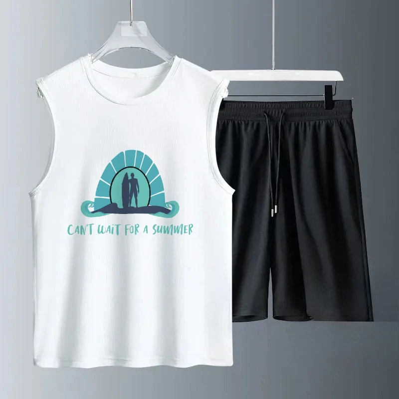 

Лето 2025 г., повседневные мужские зеленые принты без рукавов для серфинга, модные спортивные футболки + шорты, комплект из мягкой ткани, свободный крой, удобный костюм