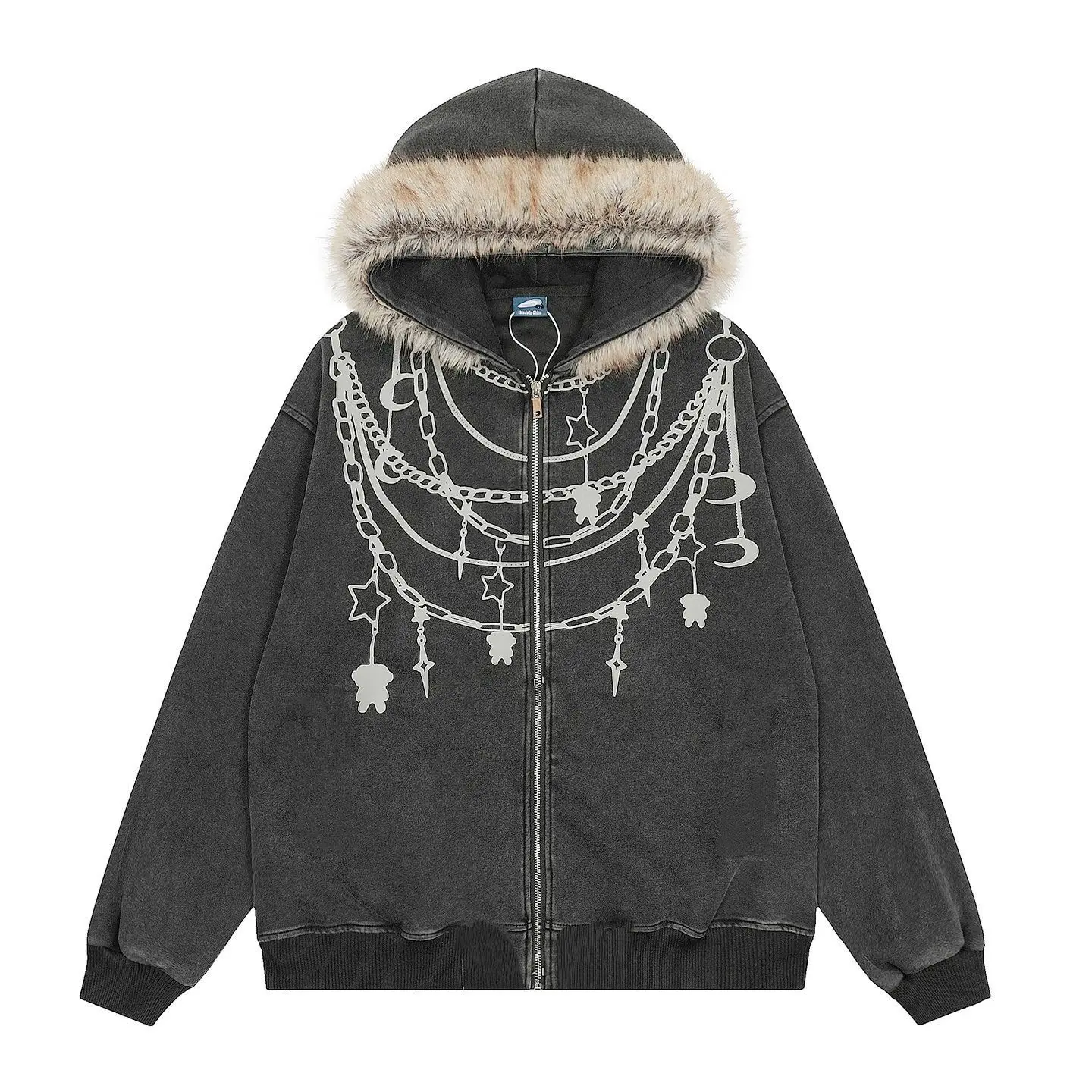 

Уличная стираная толстовка с капюшоном для мужчин и женщин, винтажная куртка на молнии с воротником из искусственного меха Y2K, пуловер с потертым принтом, графический свитшот спереди