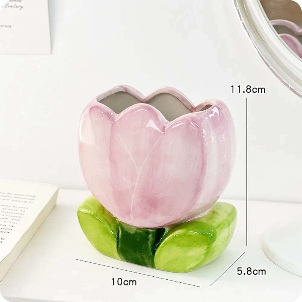 Ceramic Flower Makeup Brush Storage Bucket Pen Container Tulip Flower Cute Flower Table Storage Retro Flower Cute