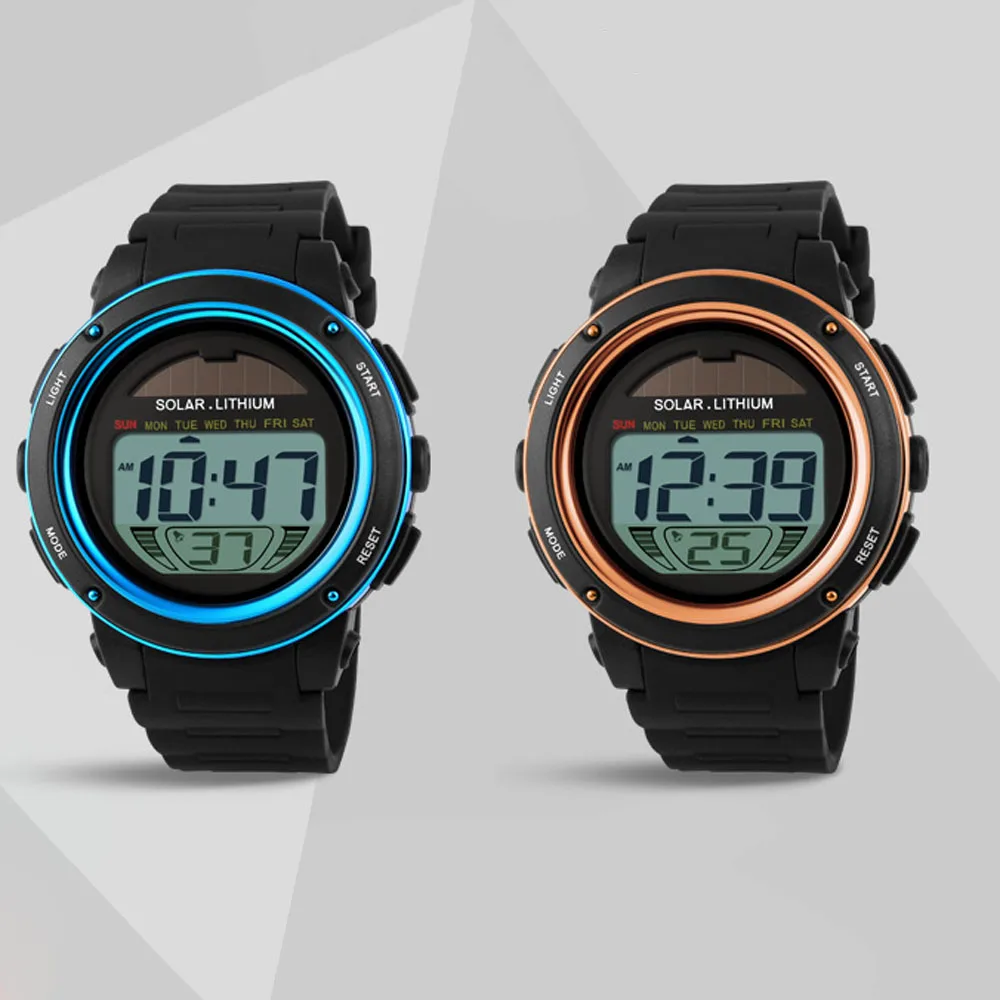 Solar Powered Digital Men Women Sports Watch Big Dial 5ATM Water-resistant Multi-function Unisex Wristwatch with Chronogra
