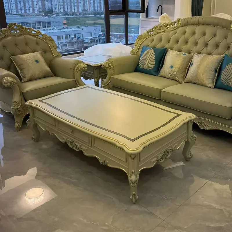 European solid wood coffee table, French light luxury rectangular marble tea table TV cabinet combination