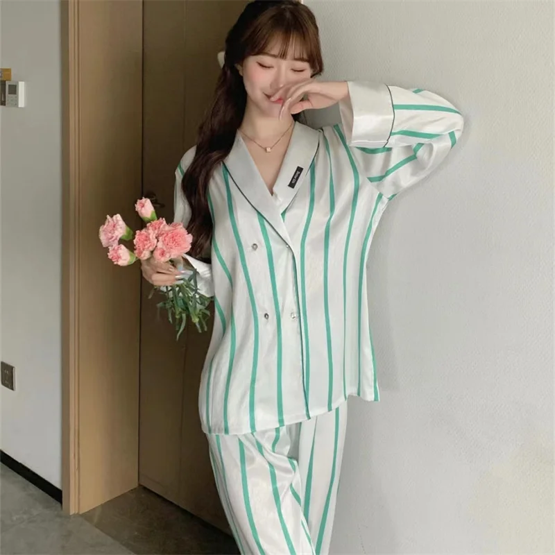 

Ice Silk Pajamas Women's 2023 Spring/summer High End New Double Breasted Cardigan Set Long Sleeve Long Pants Home Pyjamas Suit