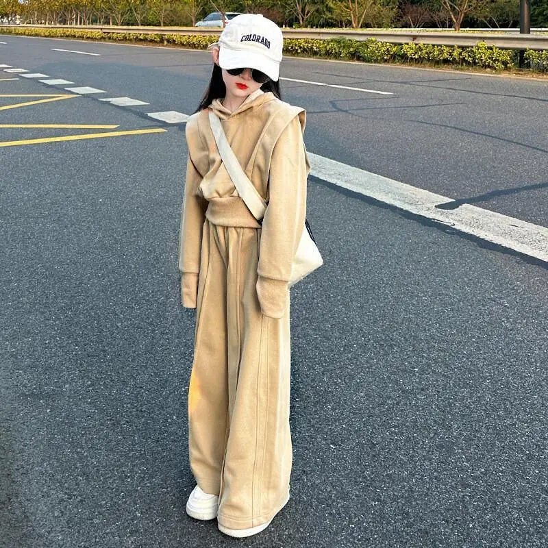 Kawaii Casual Coat Set Fashion 2 Piece Set Children S Clothing Girls Hooded Jacket Loose Straight Leg Pants 2 Piece Set Casual
