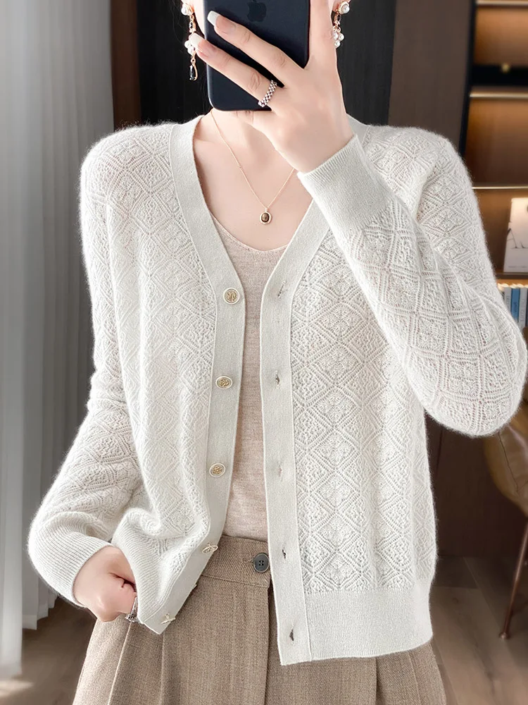 

Fashion Autumn Winter Women Sweater 100% Merino Wool V-Neck Knitwear Hollow Out Cardigan Long Sleeve Light Female Clothing Tops