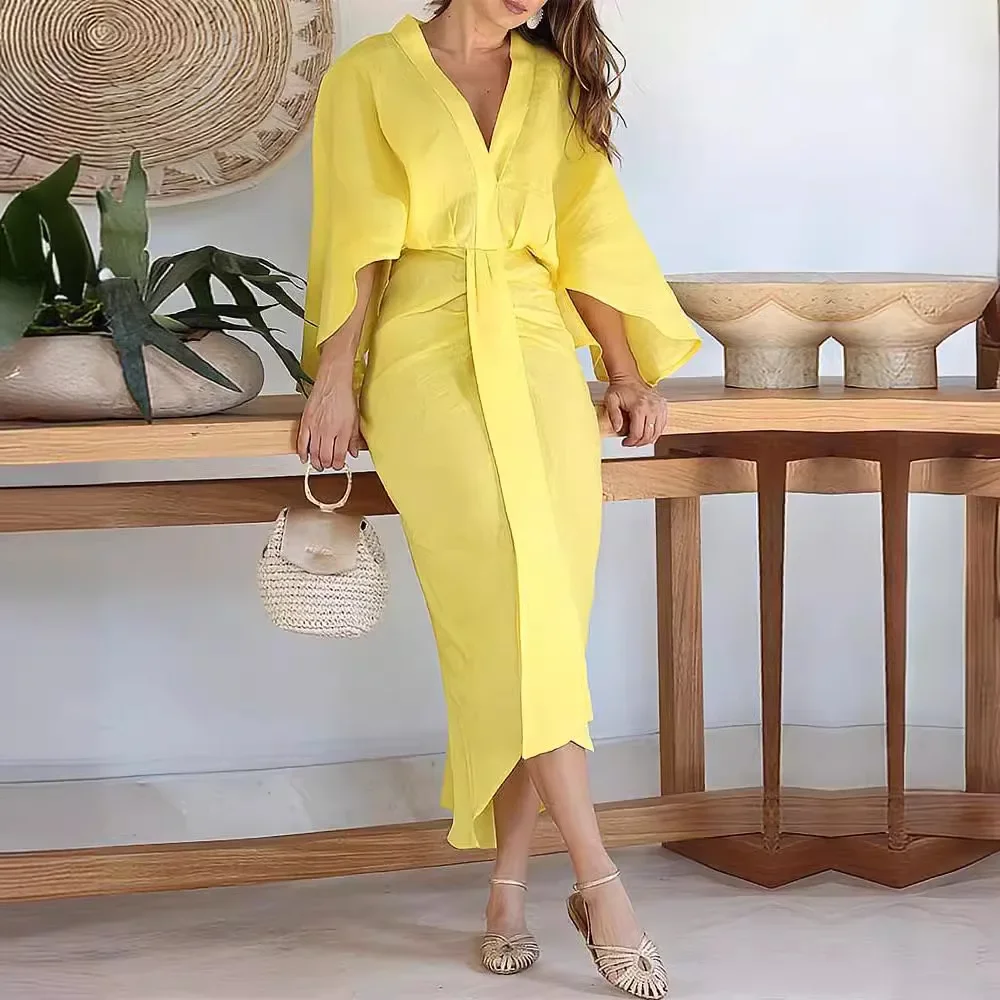 

Plunge Batwing Sleeve Draped Midi Dress Women Solid Color Summer Long High Waist Dress V Neck