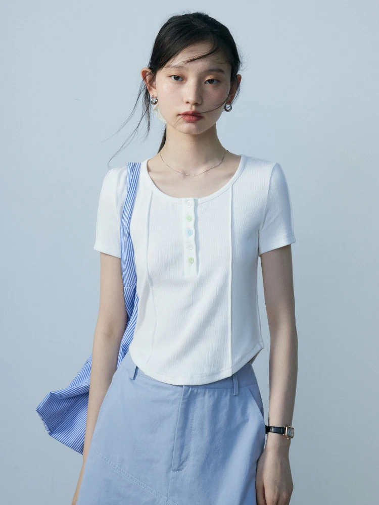 

EGGKA Цветная круглая футболка Ne ort Sve Женский повседневный свободный топ с текстурой или длина для поездок на работу Летний новый Sle