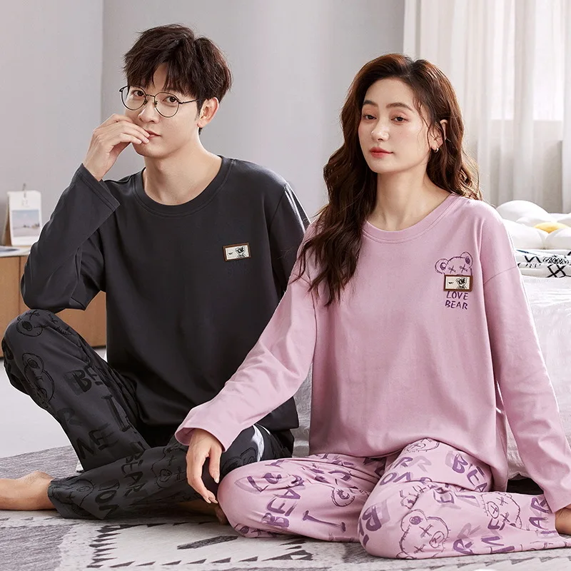 Autumn Couples Sleepwear Women Men Pajama Set Korean Loose Pijama Mujer Cartoon Bear Long Sleeve Cotton Pyjama pijamas de pareja