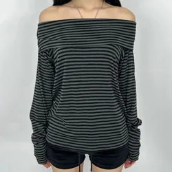 American Retro Fashion Loose One Shoulder Gray Long Sleeved T-shirt Winter Contrasting StripedOff Shoulder Knitted Top for Women