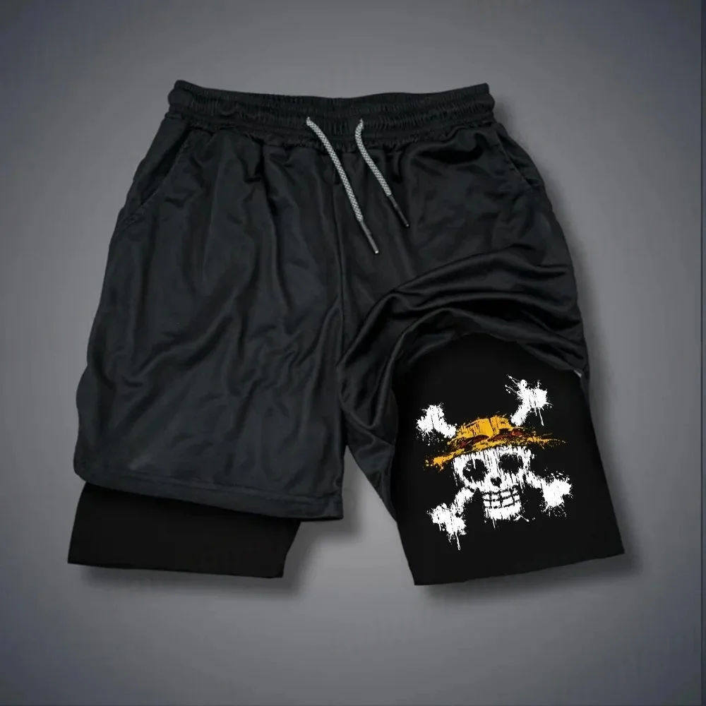 

Men's shorts, double layered 2-in-1 shorts, straw hat, pirate Jolly Roger anime, summer and autumn vacation, two casual shorts