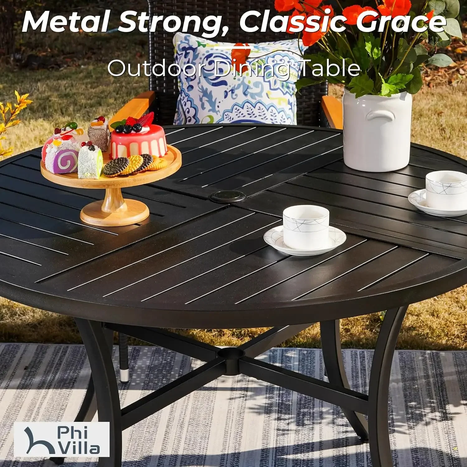 5 Piece Outdoor Dining Table Set for 4, 42” Round Steel Dining Tabl