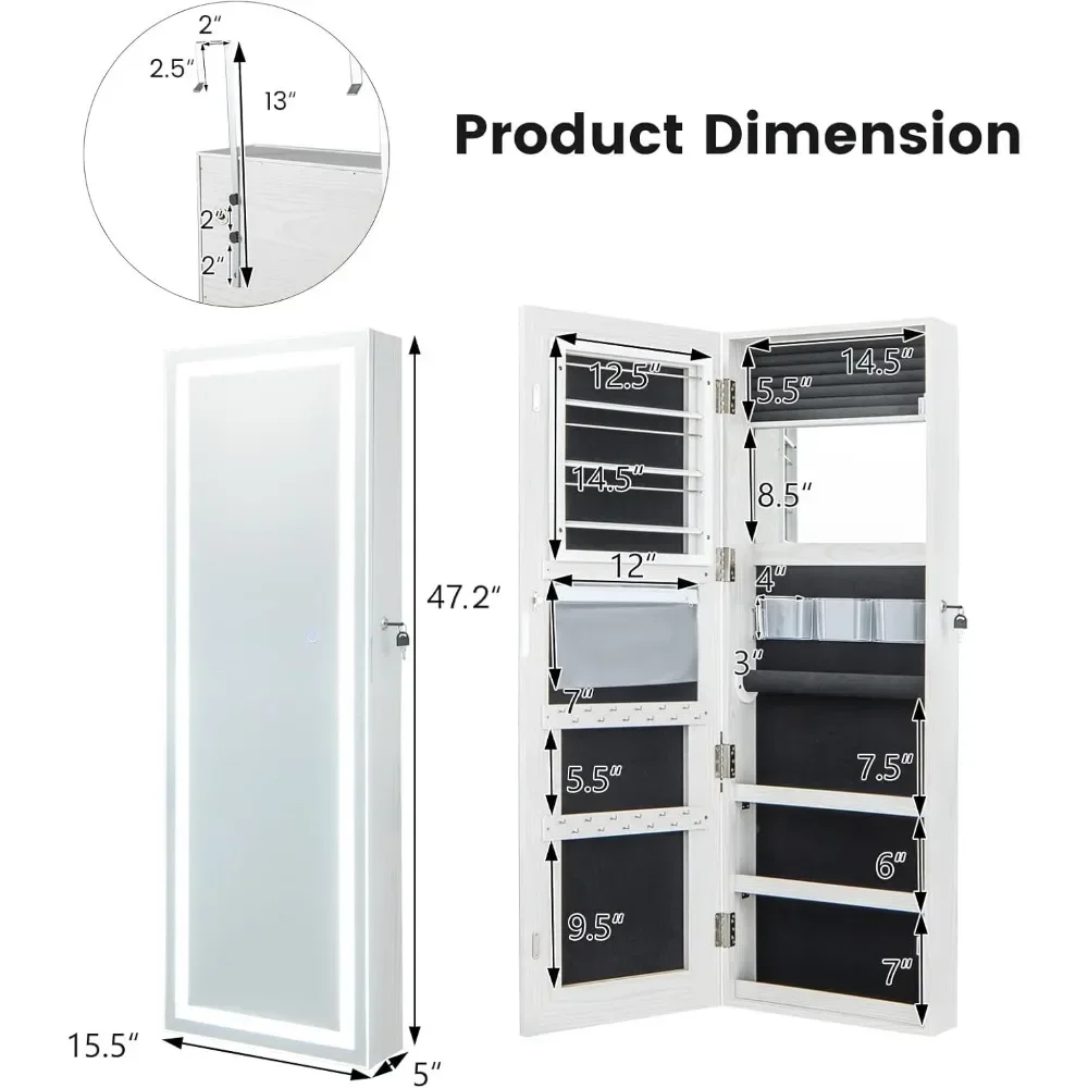 Jewelry Armoire Wall Door Mounted, Lockable Jewelry Cabinet with 47.2''H x 16''W Mirror,Storage Jewelry Organizer Box