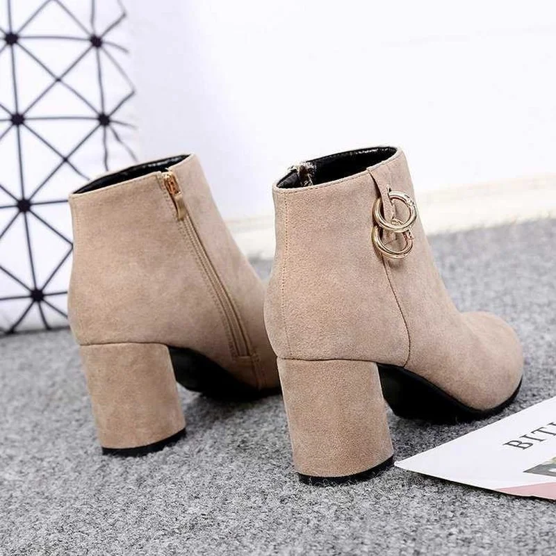 Venda quente retro de pelúcia quente outono inverno boot feminino vintage bloco calcanhar tornozelo botas zíper salto alto sapatos femininos