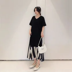 Plus Size 5XL 150kg Summer Long Dress Women Vintage Loose Waist Dresses Short Sleeve V Neck Elegant Black Women Patchwork Dress