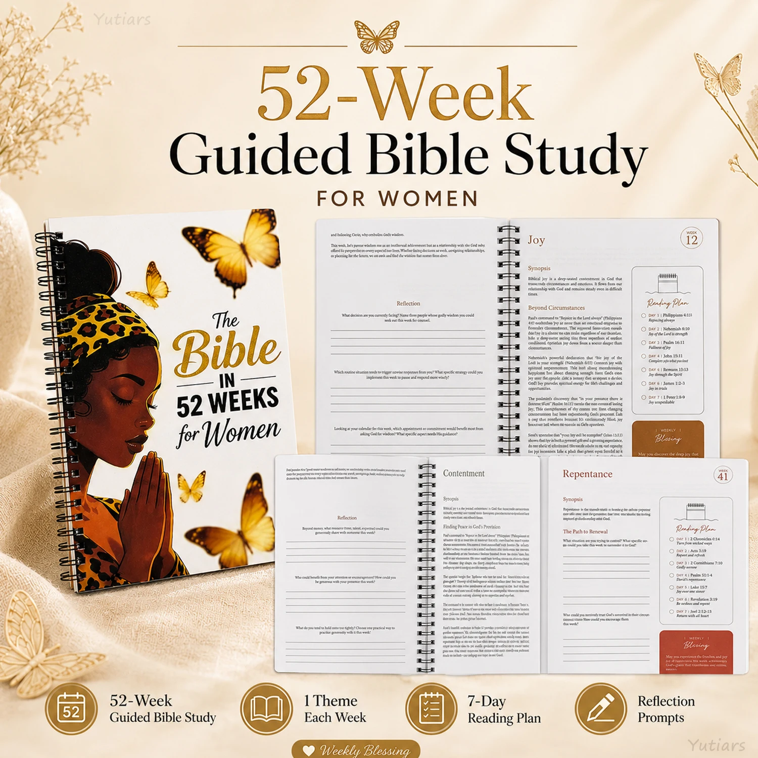 1Pc 52 Week One-Year Bible Guide for Females | Daily Scripture Practice Logbook for Christian Spiritual Study & Reflection