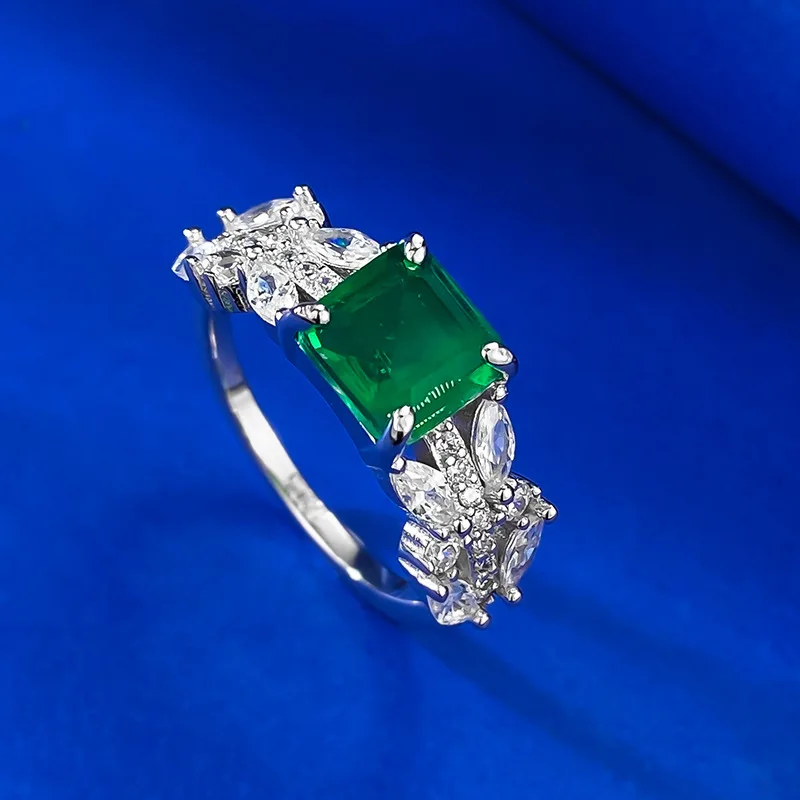 New S925 Simulation Emerald 7x7mm  925 Sterling Silver Ring Simple Design