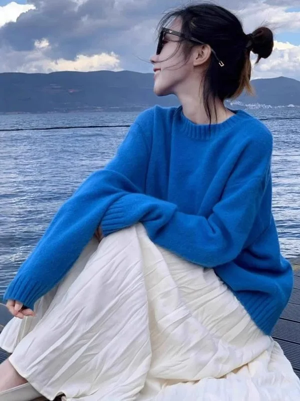 

Свободный крой круглый свитер Ne женский осенне-зимний новый ленивый Sle Klein синий вязаный топ удобный повседневный модный