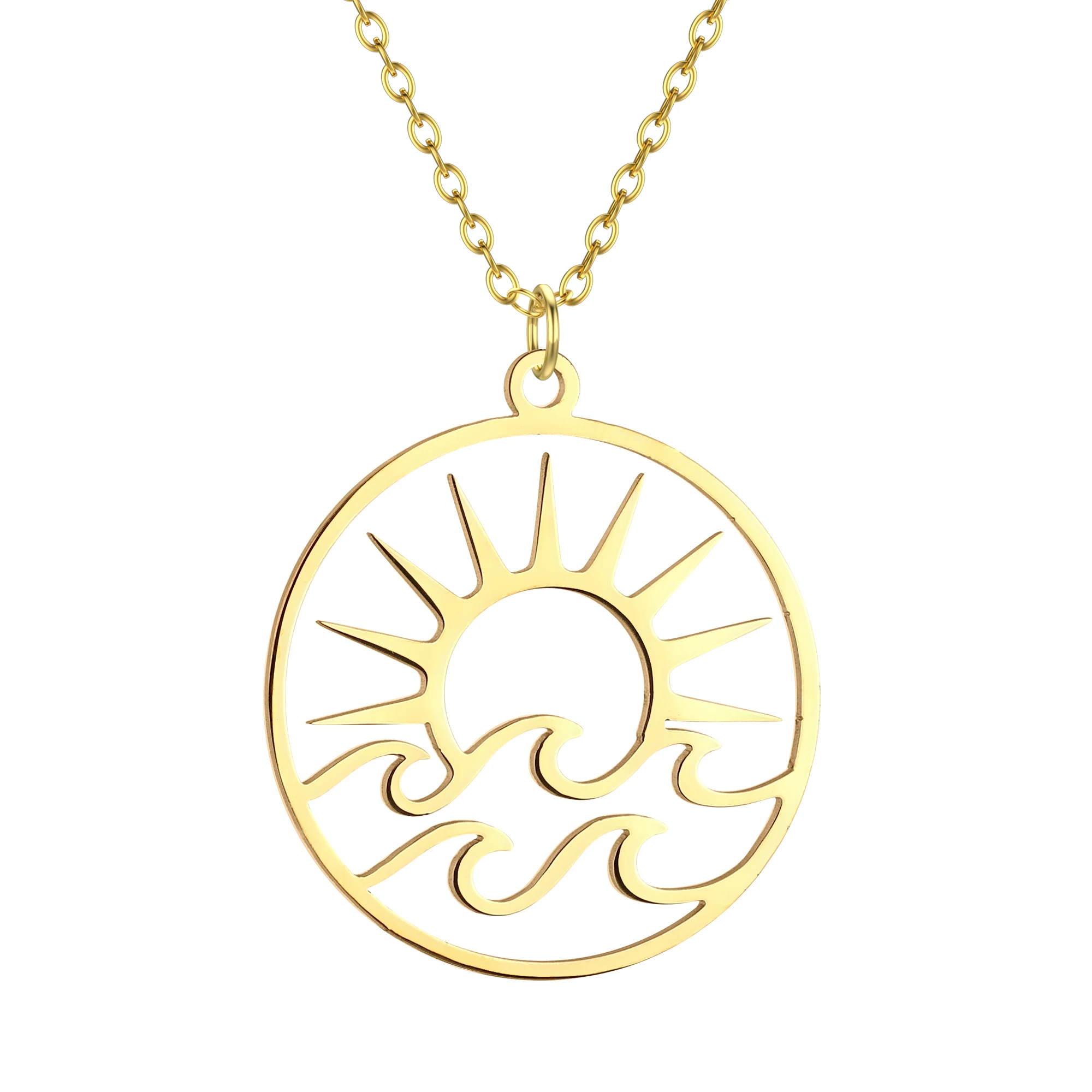 QIMING Ocean Wave Sun Rise Pendant Necklace For Women Statement Jewelry Stainless Steel Hollow Vintage Necklace Gift