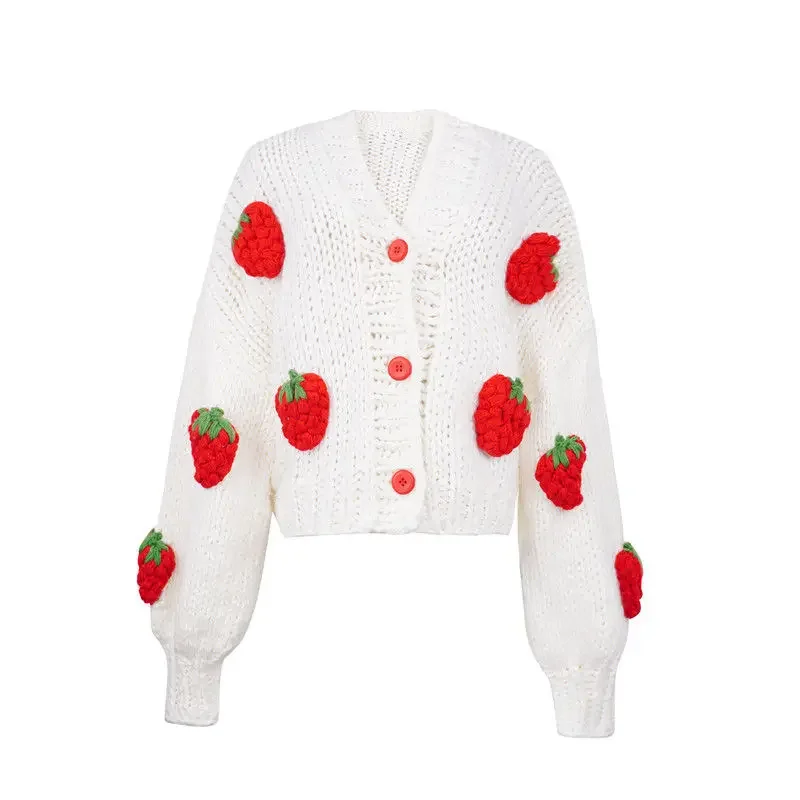 Large Size Women Sweater 2021 Spring Autumn Puff Sleeve Strawberry Sweet Full Cardigans Loose Girls Sweater Euro-America Style