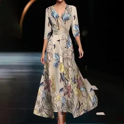 Sexy Deep V-neck Wrap Wasit Long Dress Women Casual Seven Sleeve Slim Fit Party Dress 2024 Fashion Temperament Print Maxi Dress