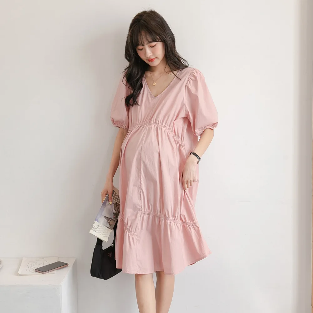 

Maternity Summer Dress Short Sleeve V-Neck Puff Sleeve High Waist Pregnant Women Cotton Dress Loose Pregnancy Clothes Wholesale