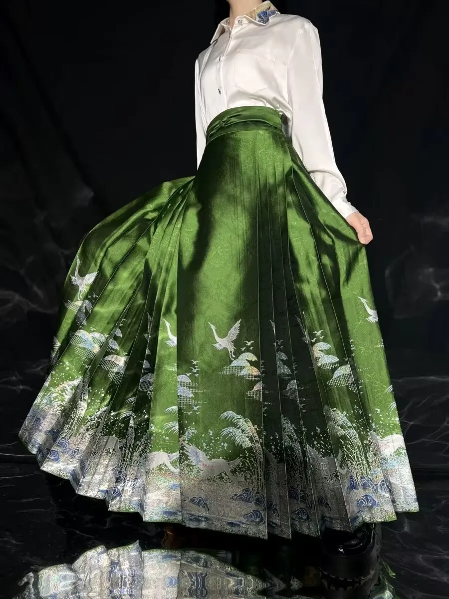 New Year Costume Hanfu Horse Face Skirt Women Pleats Skirt  Chinese Style Embroidery Green Weaving Gold Black-green Hanfu Skirt