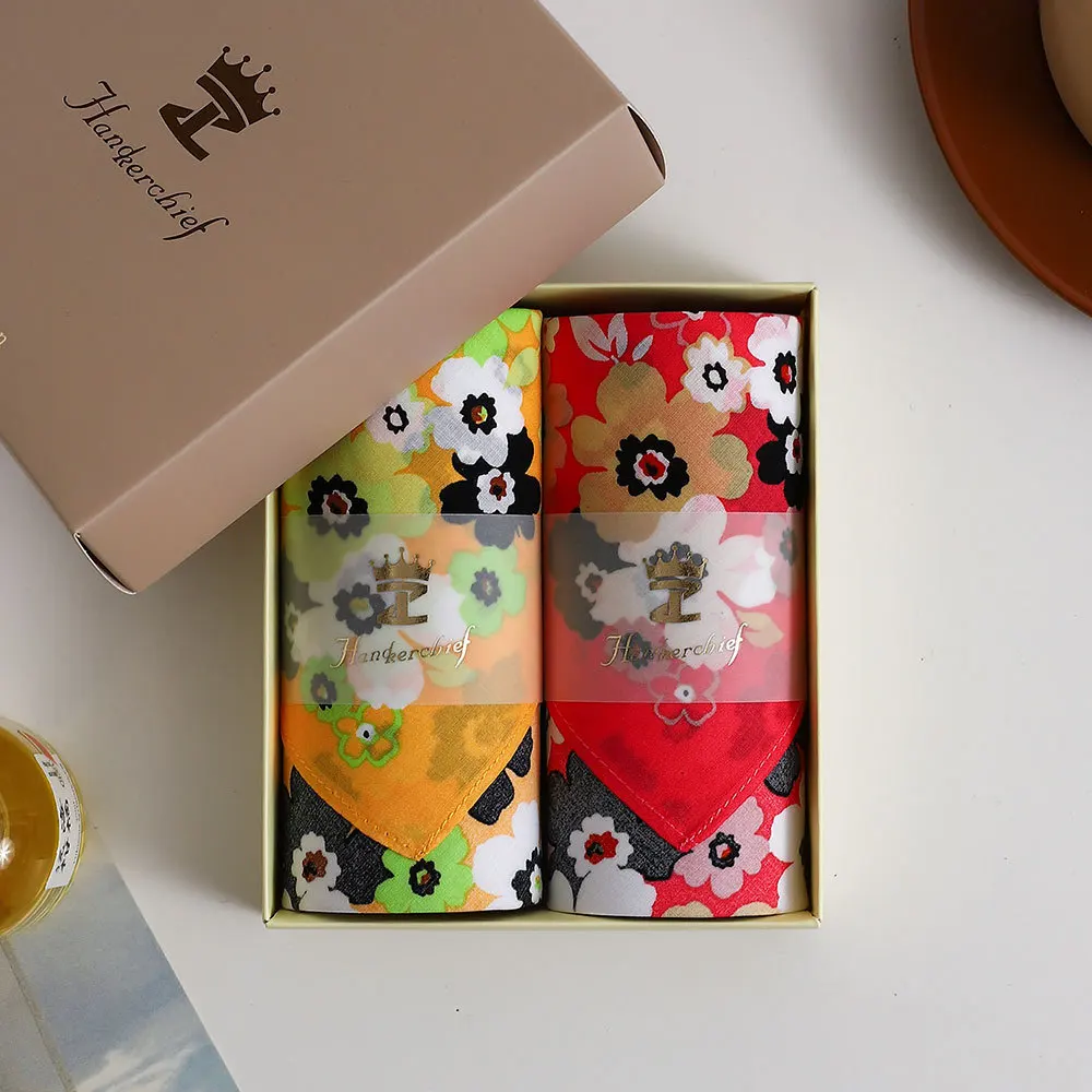 2 szt. Wykwintne pudełko prezentowe Damska chusteczka z czystej bawełny z nadrukiem Miękka, cienka, bawełniana chustka w kwiaty, pochłaniająca pot, 43 cm