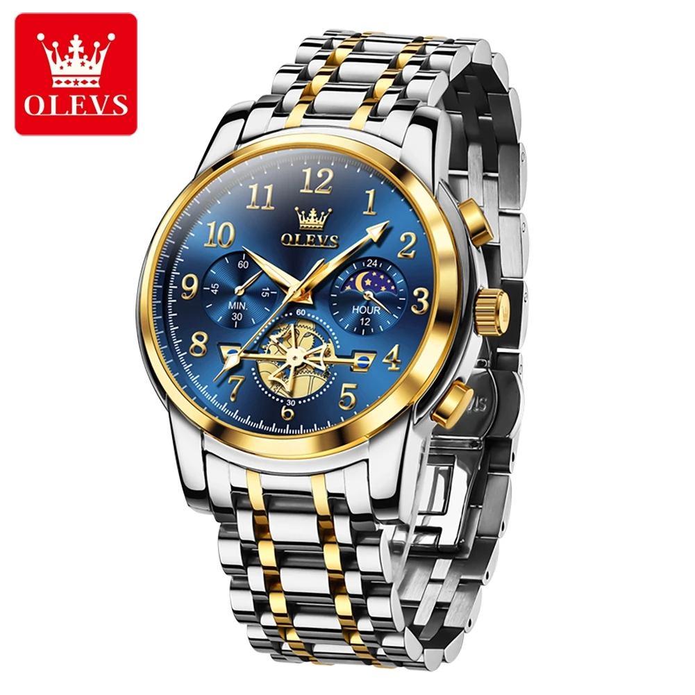 OLEVS Original Quartz Watch for Men Top Luxury Flywheel Design Digital Dial Chronograph Moon Phase Waterproof Men's Wristwatches