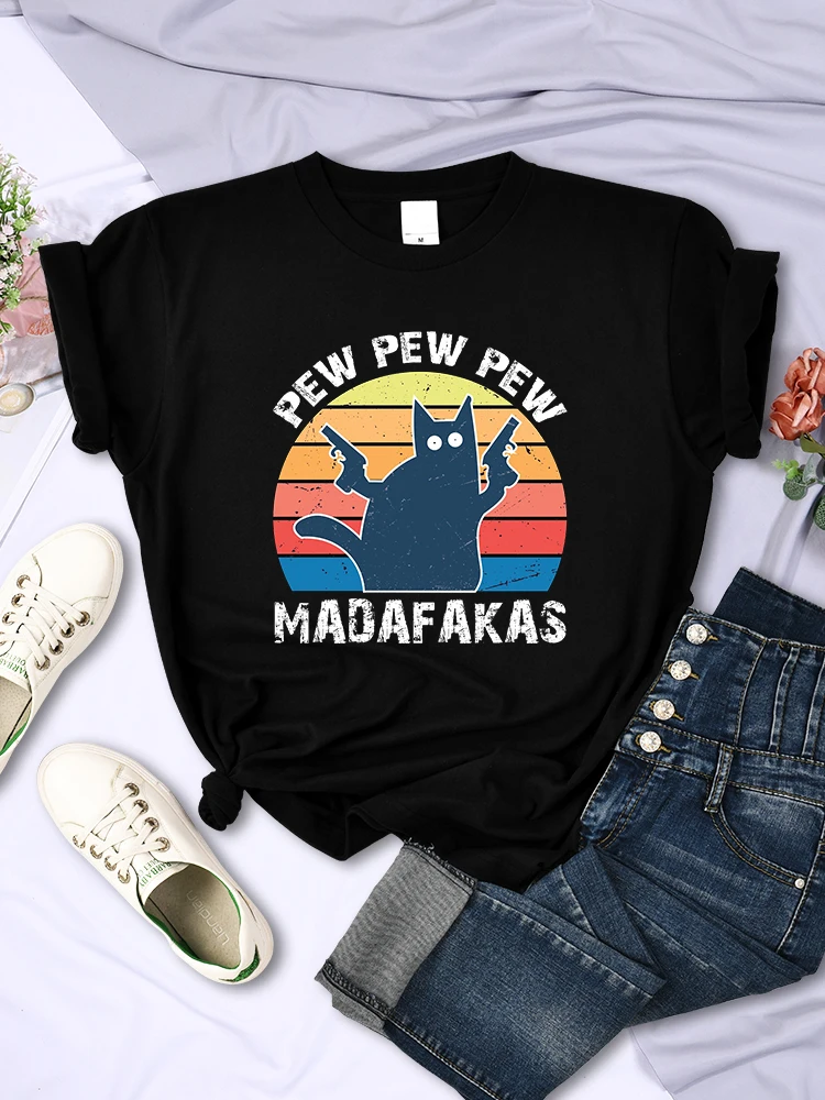 Pew Pew Madafaks Cat Womens T-Shirts Street Breathable Short Sleeve Cartoon Casual Hip Hop Tops Trend Vintage Female Tee Clothes