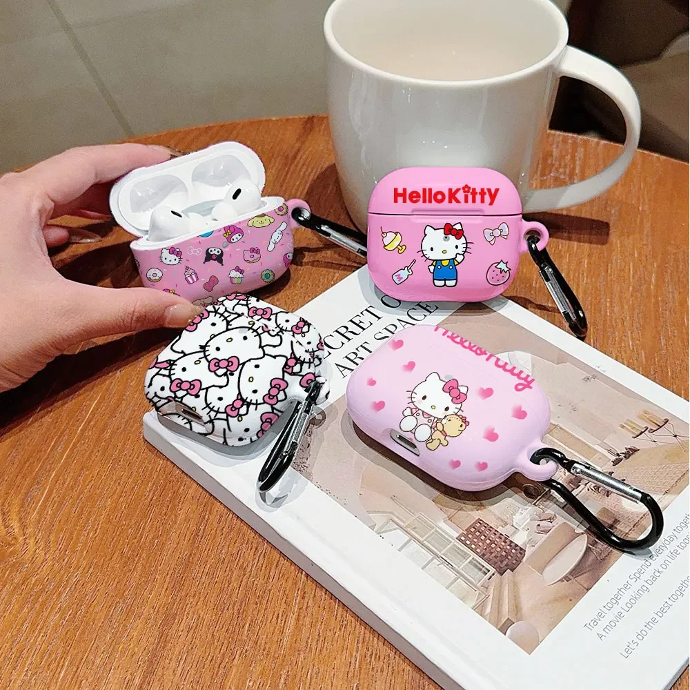 Cute Cartoon Hello Kitty Shockproof Protective Glossy HD Hard PC Earphone Cover Case For AirPods 1 2 3 Pro Pro2 with Metal Hook