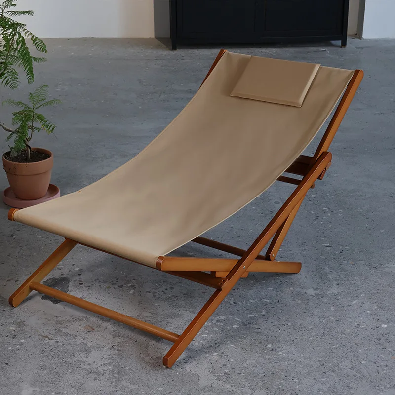 Solid wood lounge chair, foldable Oxford cloth beach chair, pool, homestay balcony, camping decorative wooden lounge chair
