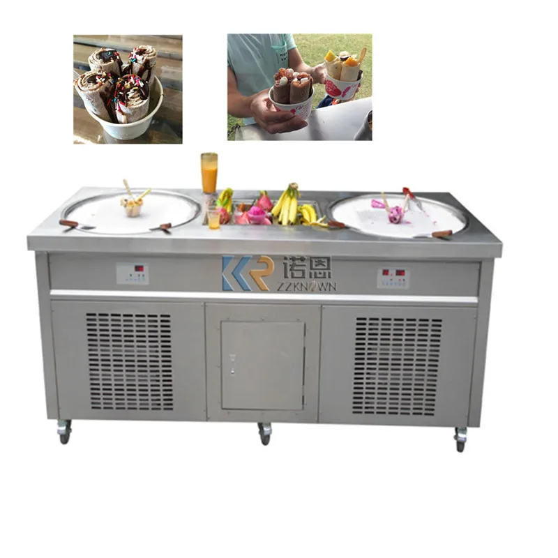 

Thailand 2 Round Pan Fried Ice Cream Machines with 10 Topping Pans Instant Rolled Ice Whipping Machine Cold Plate