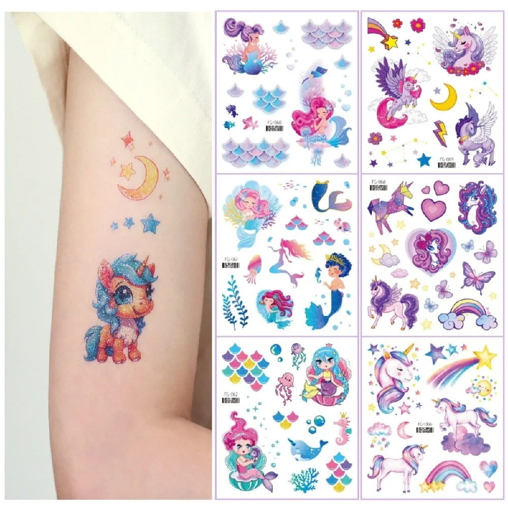 Tatuaje temporal con purpurina para niños, pegatinas desechables para el cuerpo, unicornio, sirena, accesorios de Festival, tatuaje de maquillaje, dibujos animados impermeables