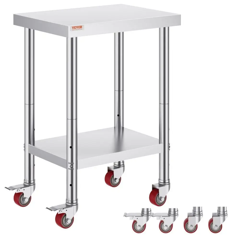 Mesa de trabajo de acero inoxidable de 24x18x34 pulgadas, estante ajustable de 3 etapas, mesa de trabajo de preparación comercial resistente con 4 ruedas y freno