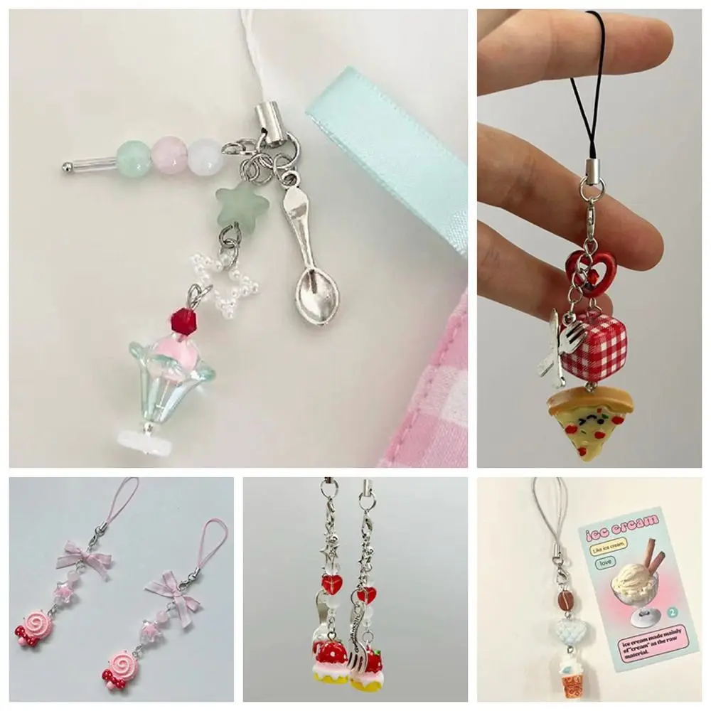 Girlish Ice Cream Mobile Phone Lanyard Folk Spoon Phone Charms Food Phone Chain Beaded Kawaii Phone Strap Women Girl