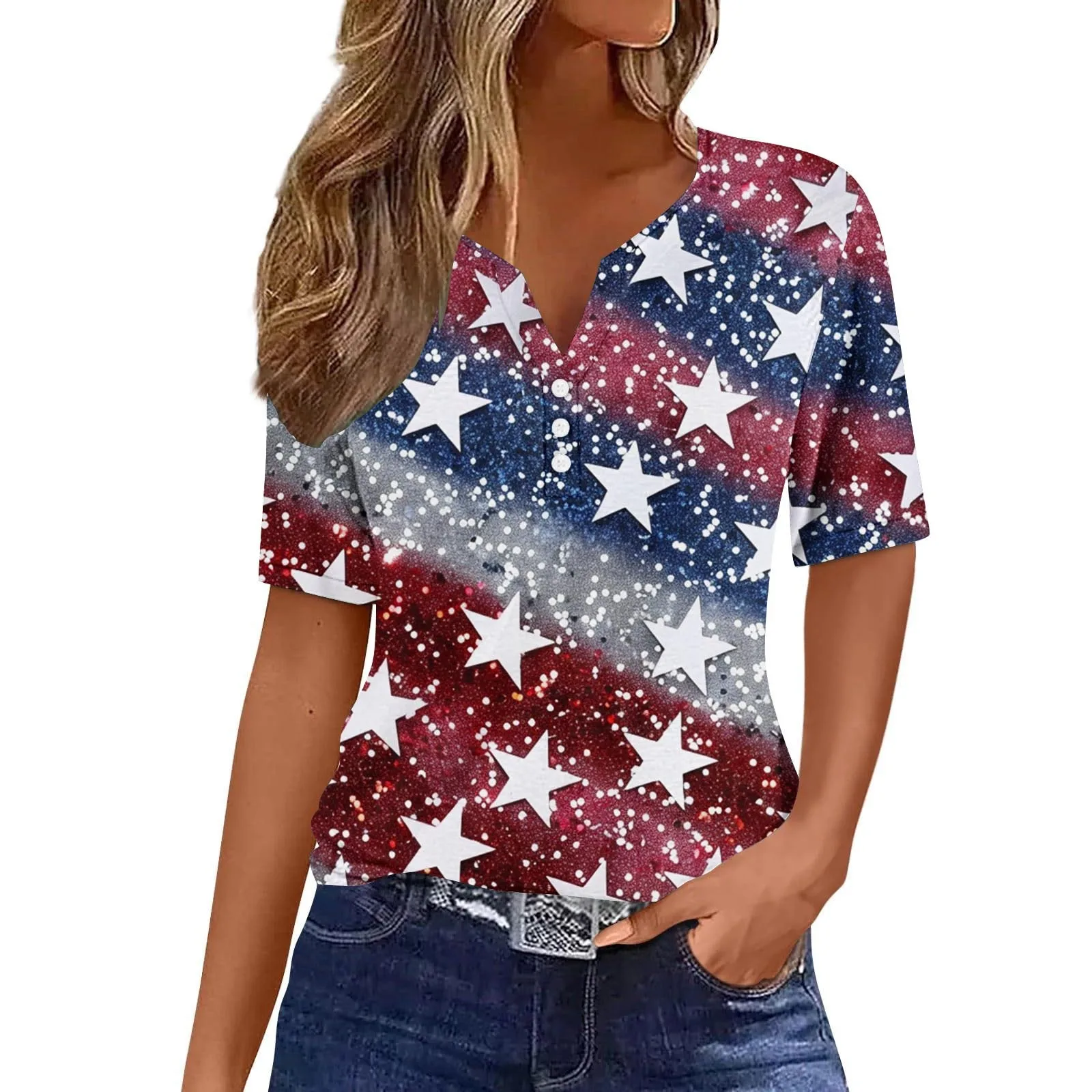 Design inspired top 2024 summer new national flag print summer outfit casual fashion and western-style slimming WG19