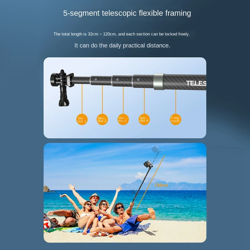 TELESIN คาร์บอนไฟเบอร์1ชิ้น Selfie Stick Monopod พร้อมสกรู1/4สำหรับ Gopro Insta360 Osmo Action DJI กล้อง