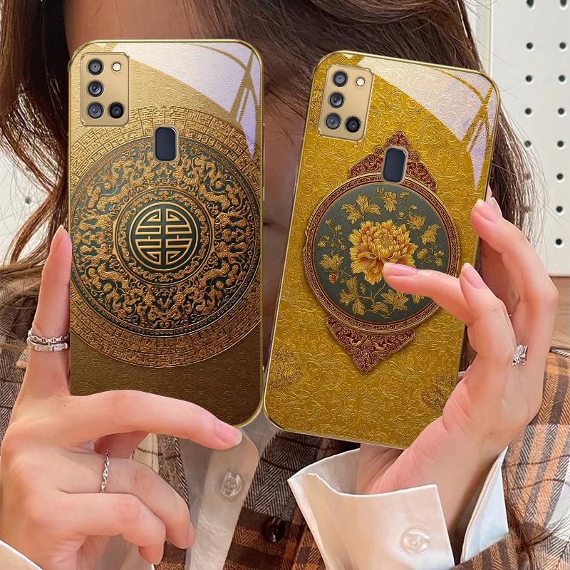 أقحوان أصفر لسامسونج A 31 32 A33 A34 35 14 A15 13 16 25 26 50 52 53 54 55 56 70 71 72 73 حافظة هاتف زجاجية ذهبية