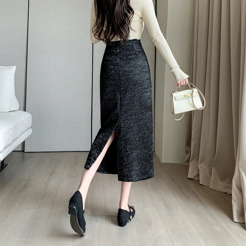 Autumn Winter Bodycon Black Skirts Women Korean Fashion Clothing Streetwear Faldas Mujer Slim High Waist A Line Mid Length Skirt