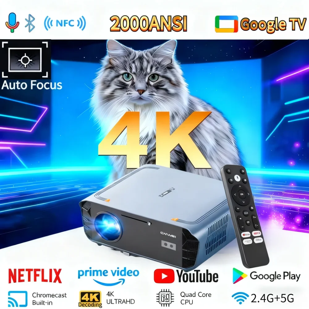 جهاز عرض 4K عالي الدقة، جهاز عرض ذكي لتلفزيون جوجل نيتفليكس، شعاع ترخيص رسمي، جهاز عرض TOF أندرويد 14 واي فاي، جهاز عرض فيديو بتركيز تلقائي