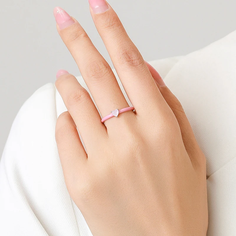 Modian 925 Sterling Silver New Design Pink Enamel Ring Trendy Heart Opal Stackable Jewelry For Women Party Fine Jewelry Gift