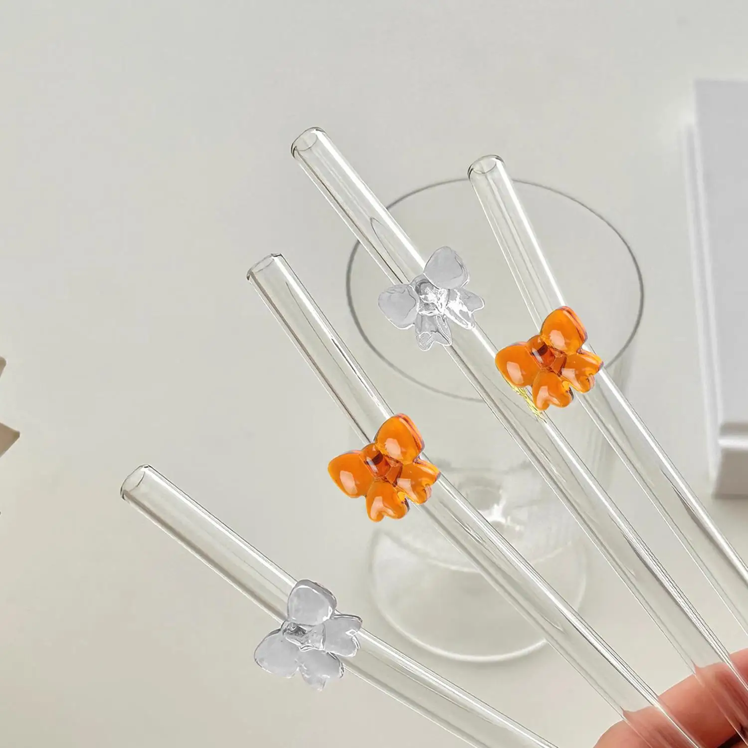 Glass Cute Straws Reusable Butterfly Bow Colorful Transparent Cleaning Brushes Dishwasher Juices Smoothies With Bar Accessories