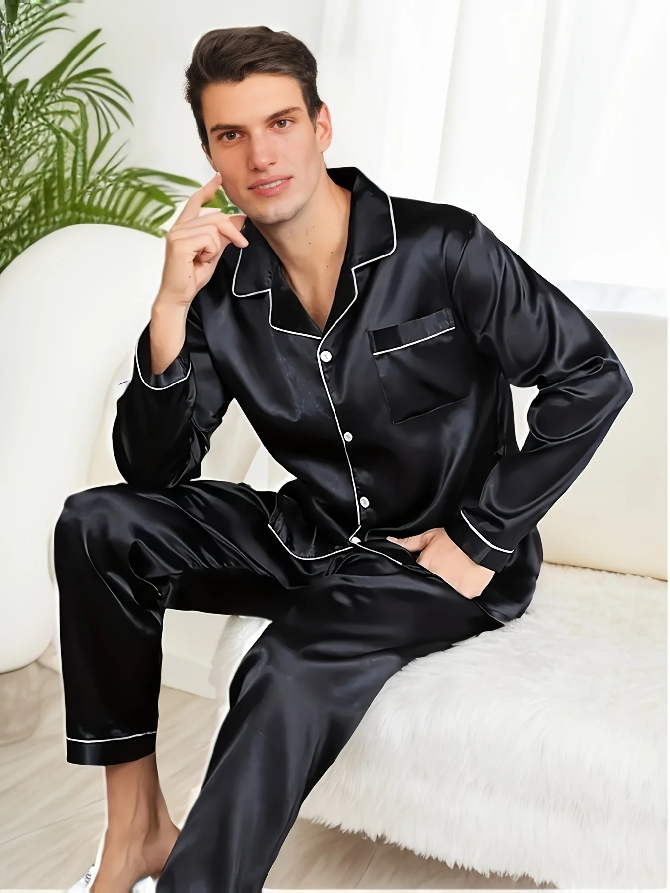 

Men's Silk Satin Pajama Set Long Sleeve Plus Size Casual Home Night Loungewear