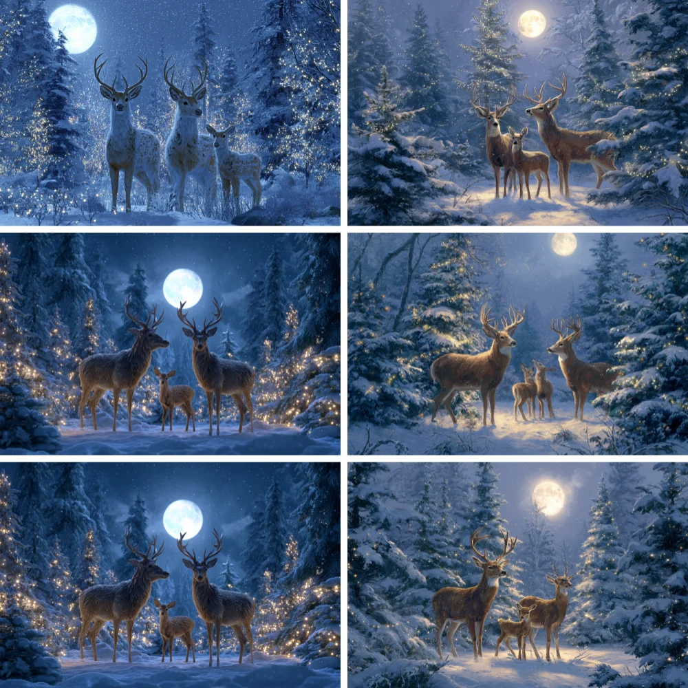 

Christmas Photography Background Xmas Tree Gifts Moon Forest Deer Snowflake Decoration Kid Children Photo Backdrop Wallpaper
