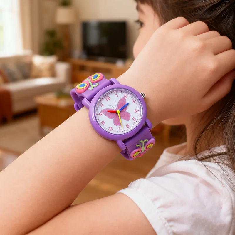 2025 أزياء الأطفال الجمال الوردي الساعات الفتيات الطلاب الصغار فراشة سيليكون حزام ساعات مقاومة للماء 5 ألوان