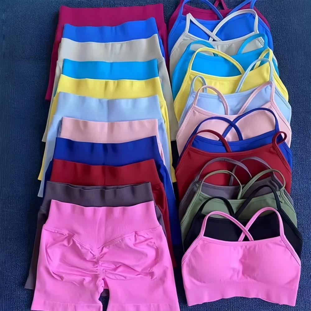 

Peach Hip Lifting Suit Back Cross Sports Bra Shockproof Bra Quick Drying Shorts Set Gym Fitness Running Yoga Suit