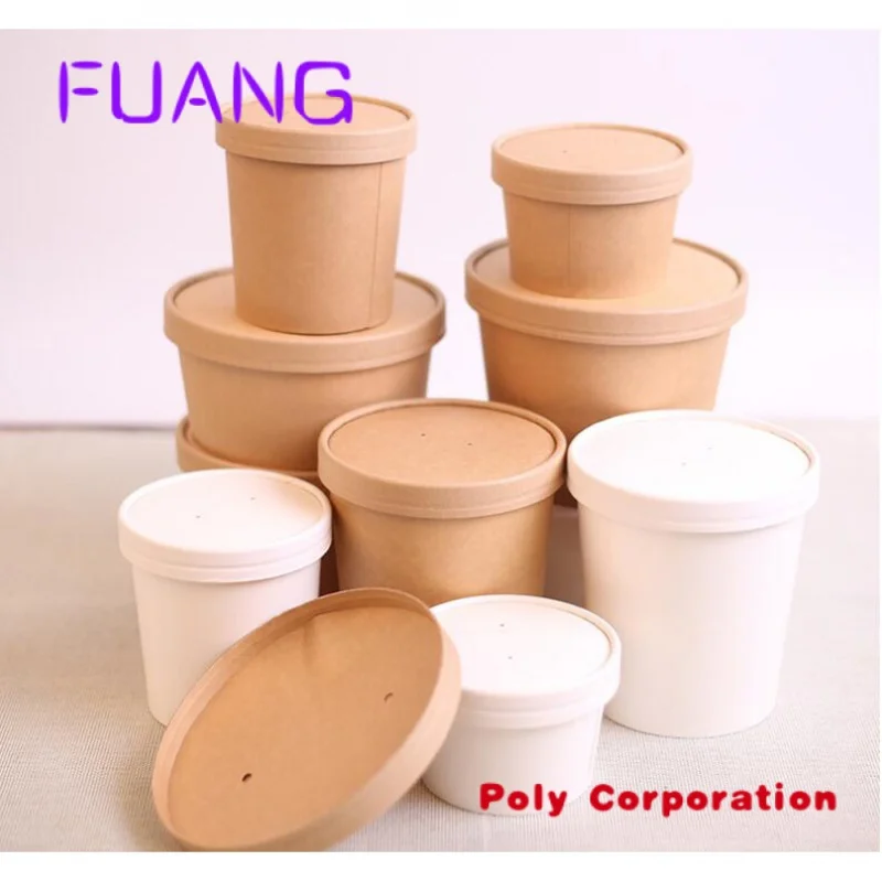 Custom  ECO Disposable Kraft Paper Soup Cup Bowl with Paper lid  take away lunch packing takeout food packaging bucket